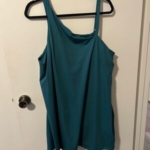 Teal One-Shoulder Women's Workout Dress with shorts and pockets